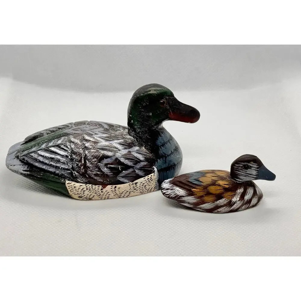 Vintage Carved Duck Pair Figurines – Stone Paperweight Duck and Wooden Mini Duck
